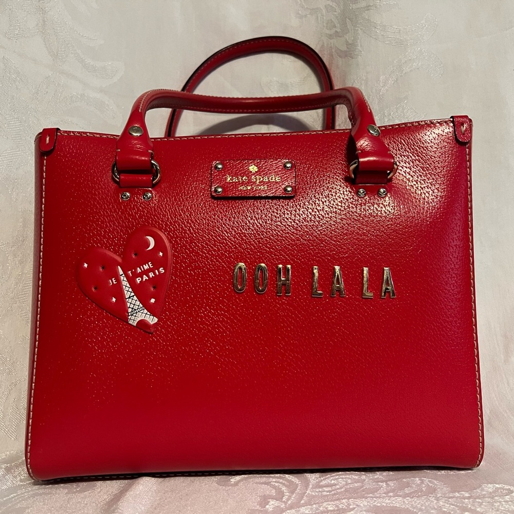 Kate Spade red leather satchel w/“give it a twist” one of a kind personalization